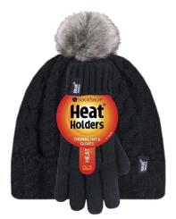Heat Holders BSKHG503BLK710 GIRLS BLACK HAT WITH POM POM & GLOVES 
