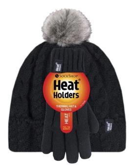Heat Holders BSKHG503BLK710 GIRLS BLACK HAT WITH POM POM & GLOVES 